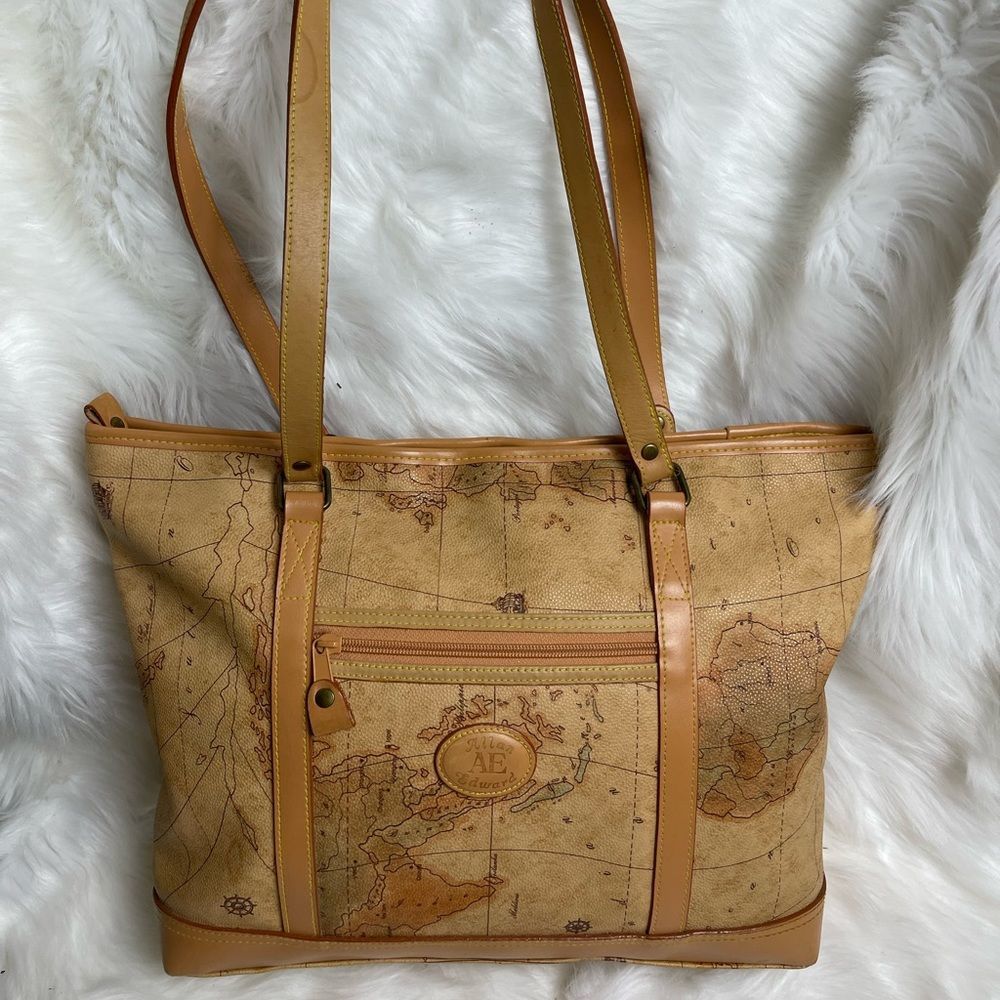 Allan Edward world map leather/ Vinyl tote bag with antique tone hardware